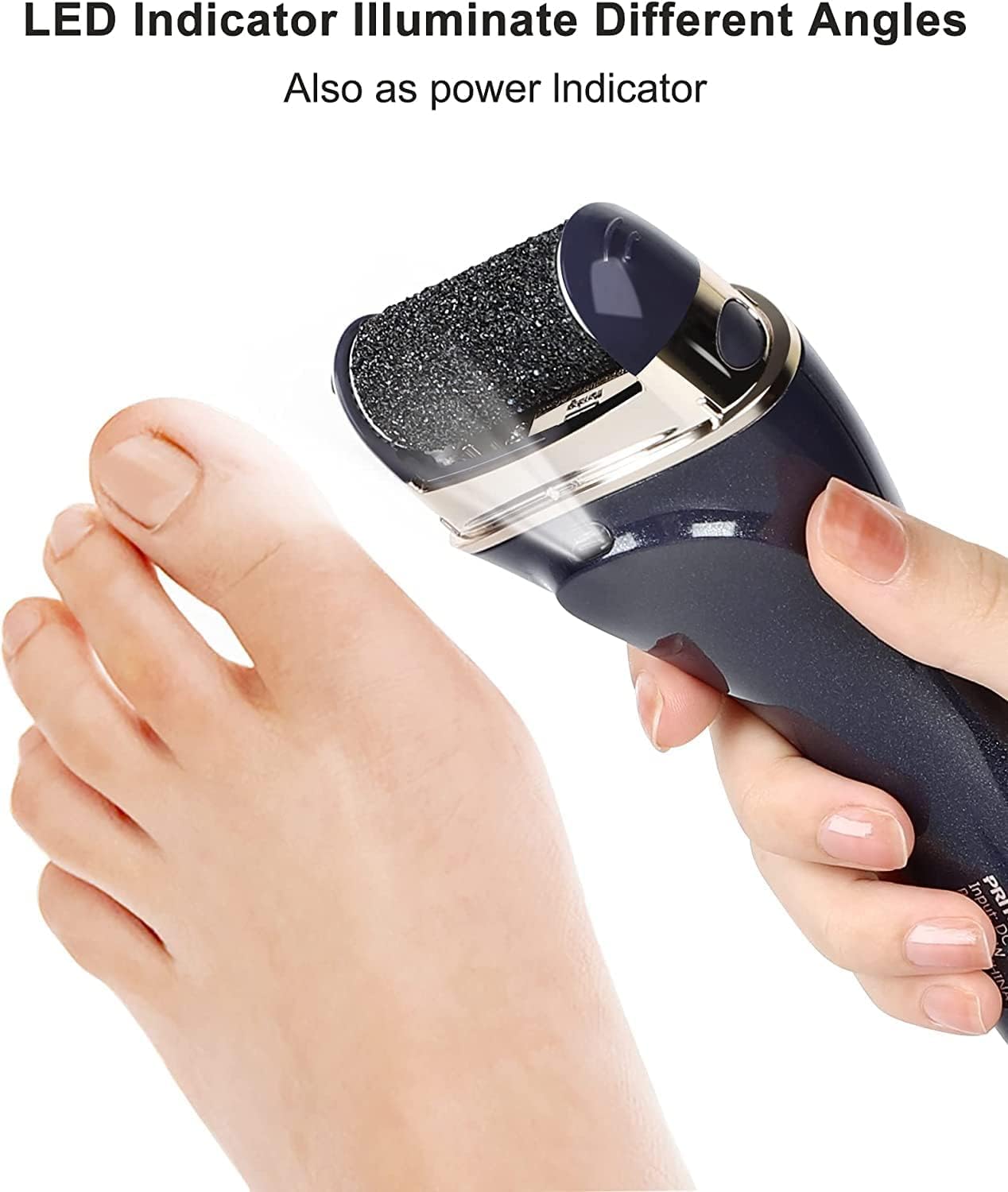 PRITECH electric foot callus remover two-speed switch demonstrates adjustable control for safe smoothing.