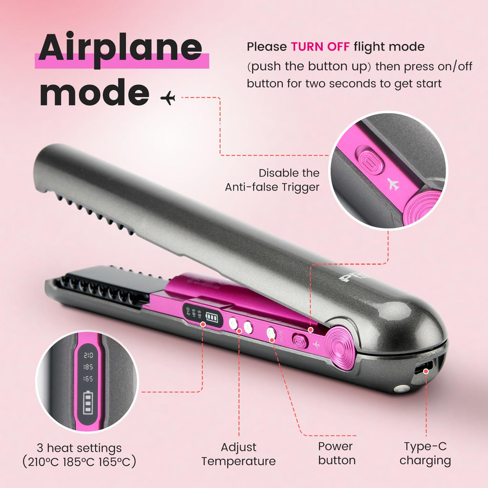 PRITECH mini hair straightener with comb teeth for detangling and smoothing fine hair.