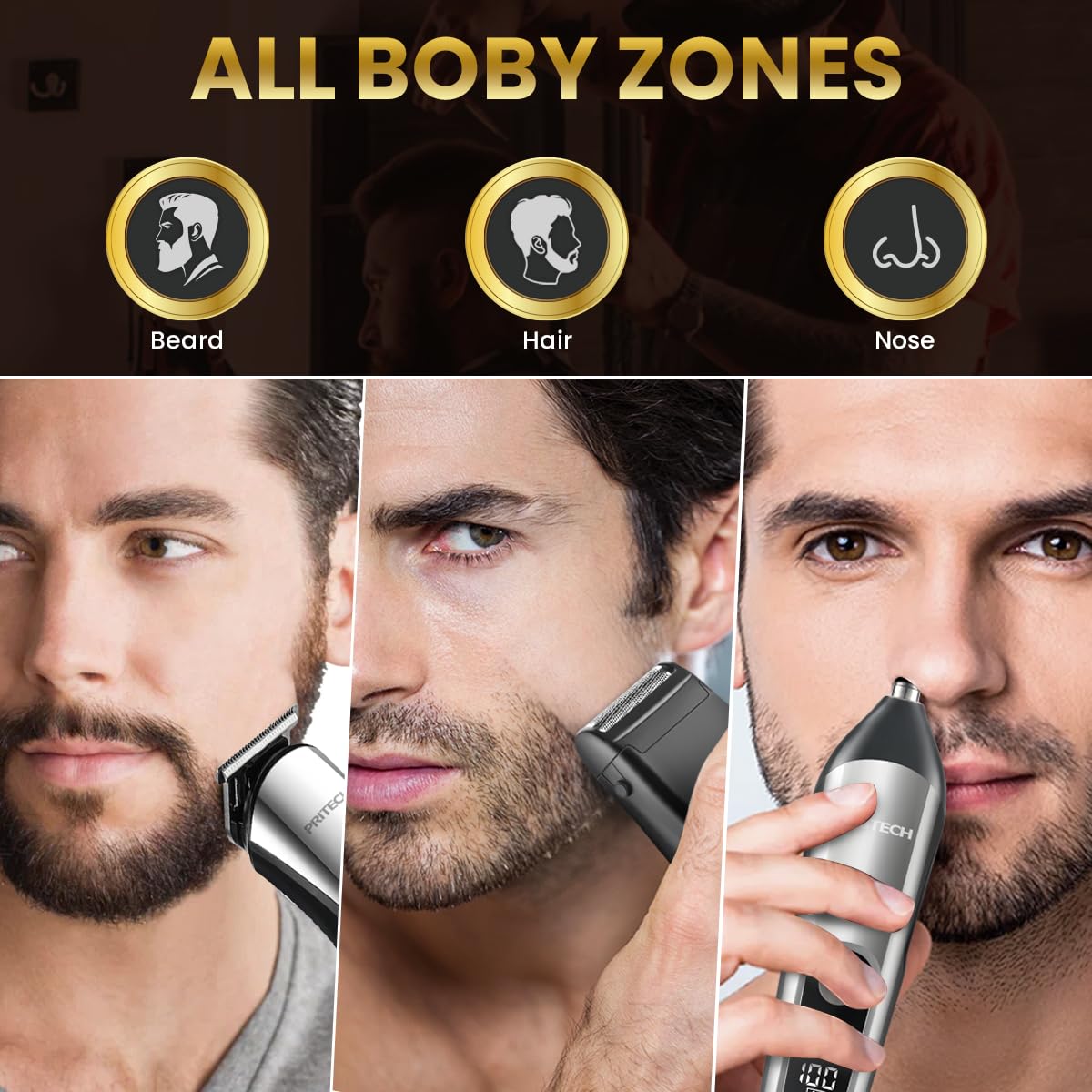 PRITECH nose trimmer attachment close-up shows safe, comfortable grooming.