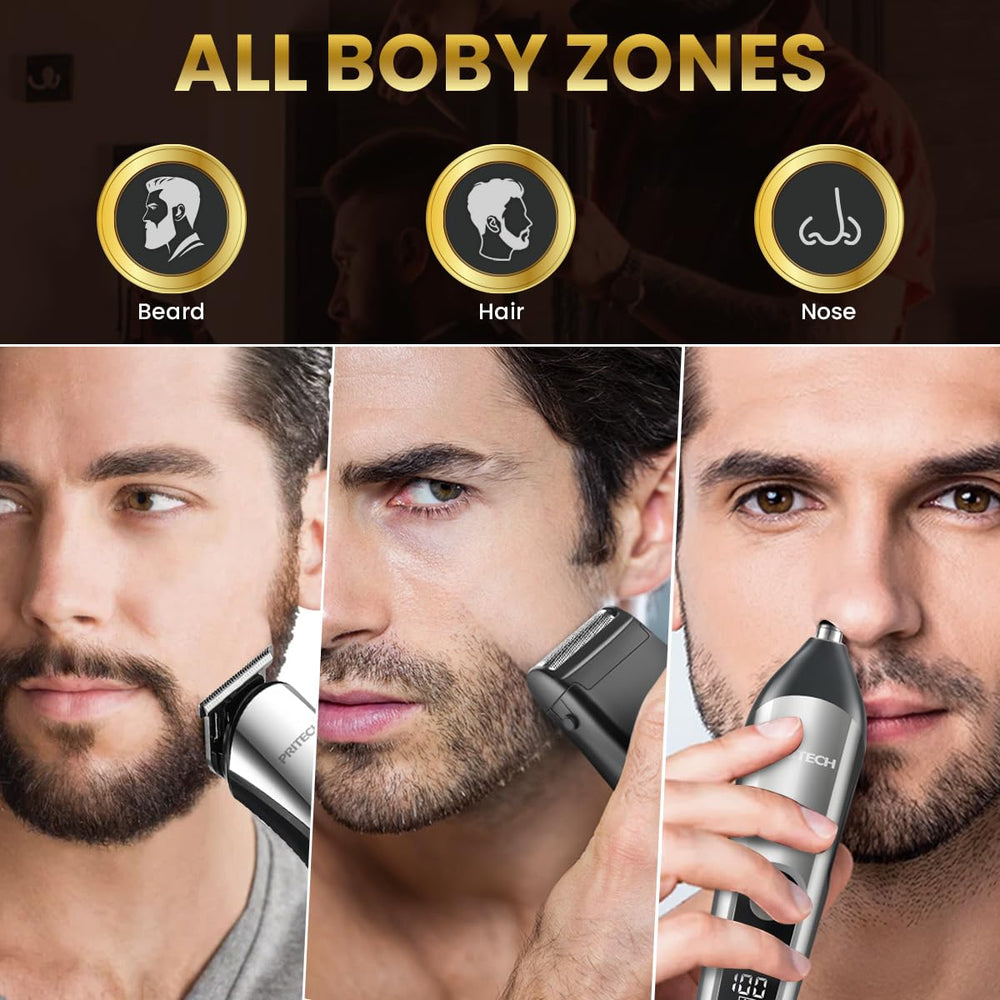 PRITECH nose trimmer attachment close-up shows safe, comfortable grooming.