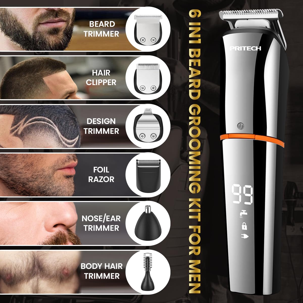 PRITECH waterproof IPX6 trimmer for versatile wet or dry grooming.