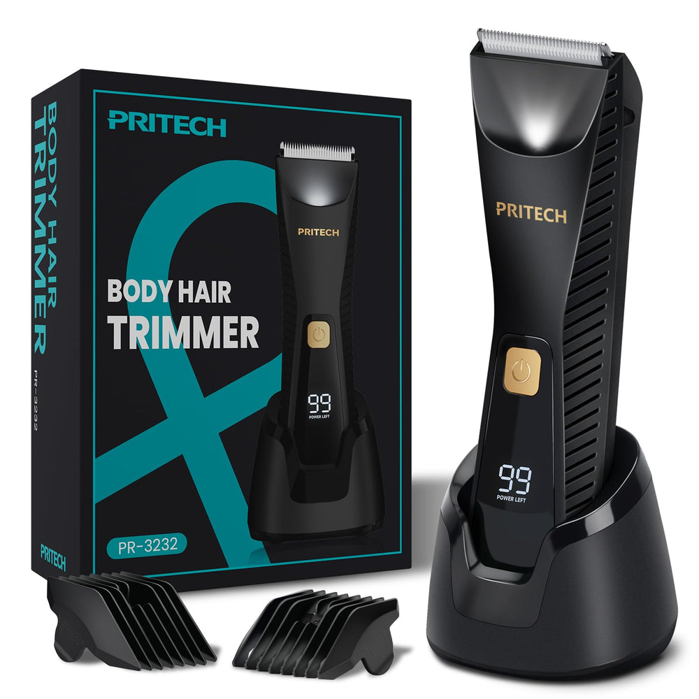 PRITECH body hair trimmer with ceramic blades delivers safe precision trimming.