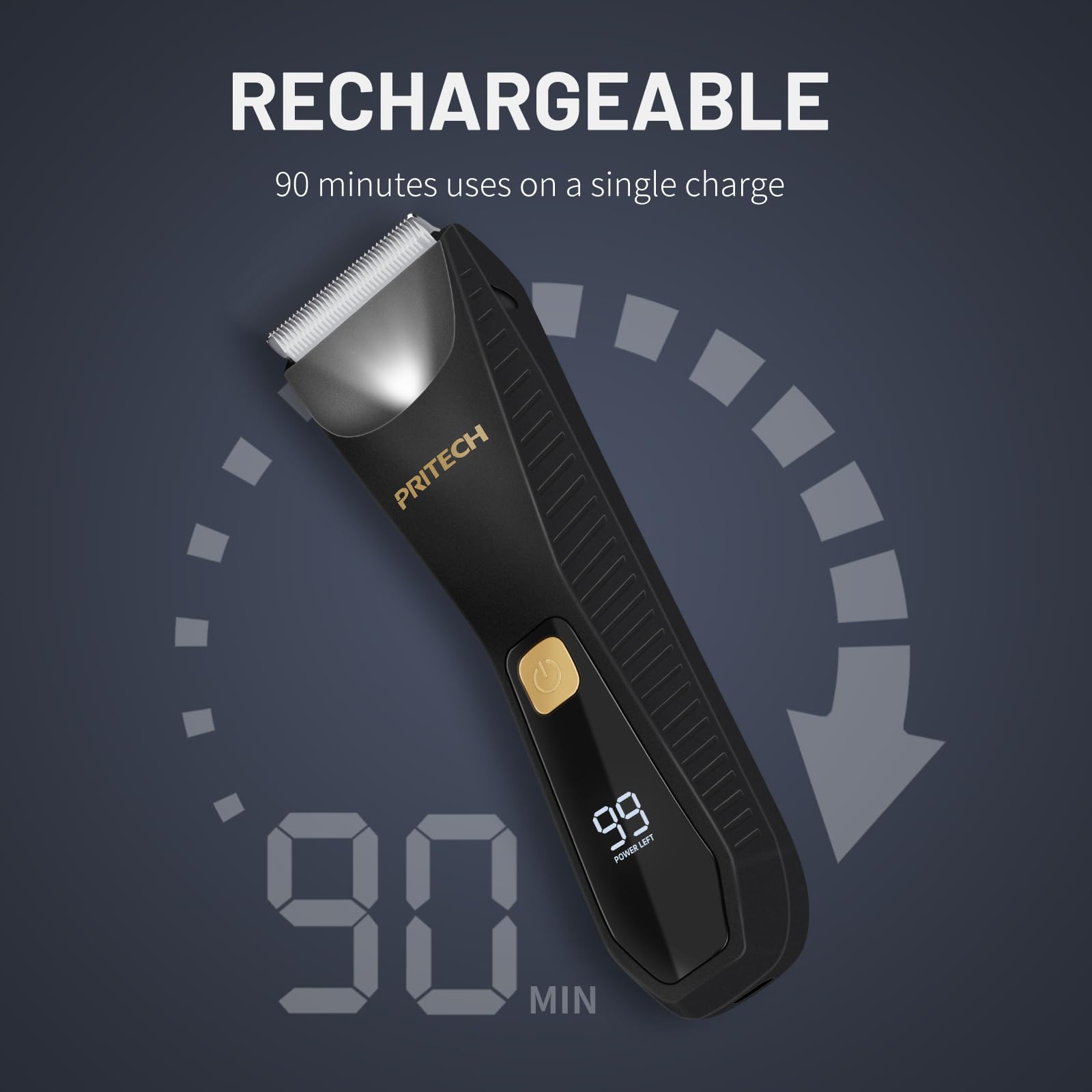 PRITECH trimmer shows battery and charging status on LED display.
