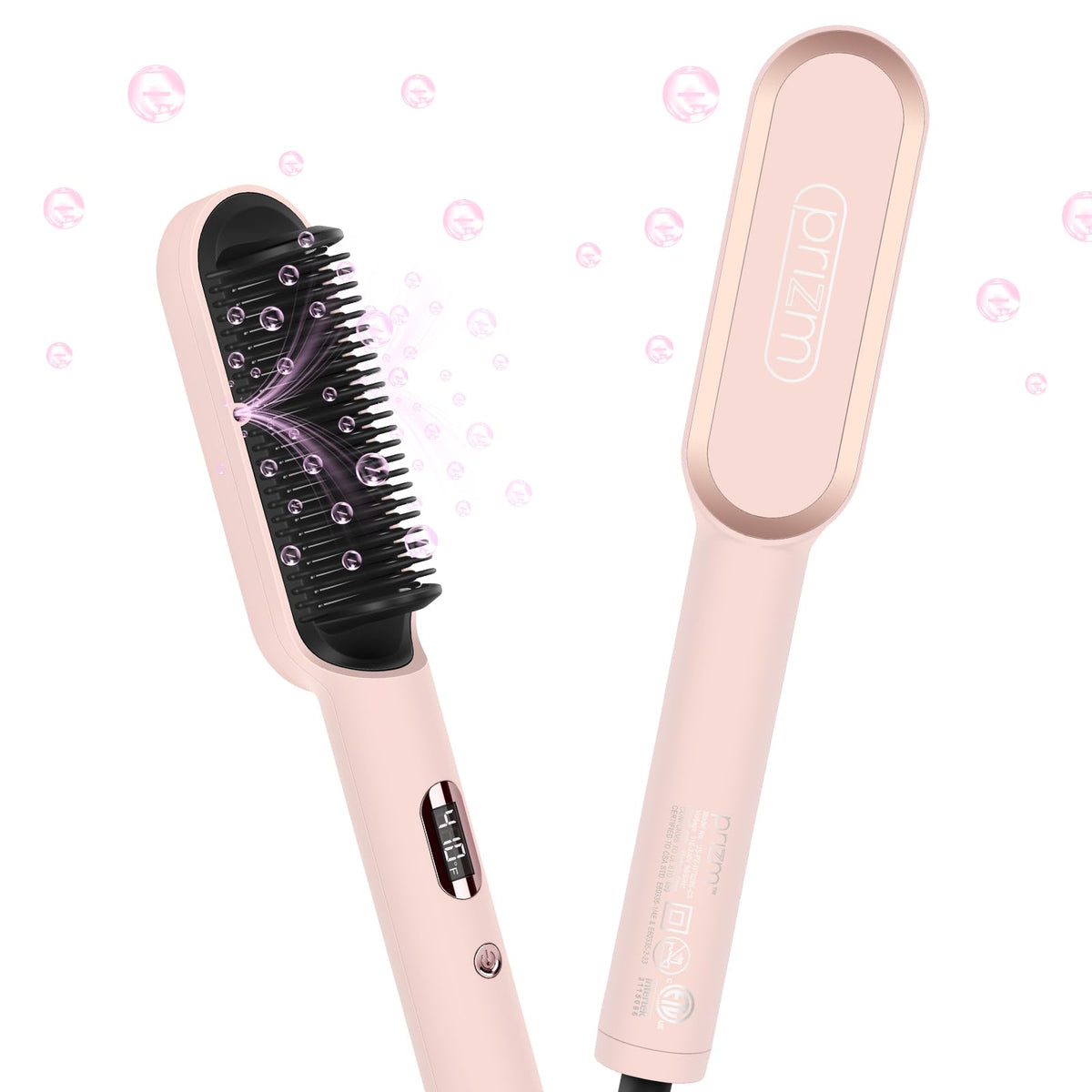 Prizm hair straightener brush front view highlights quick styling