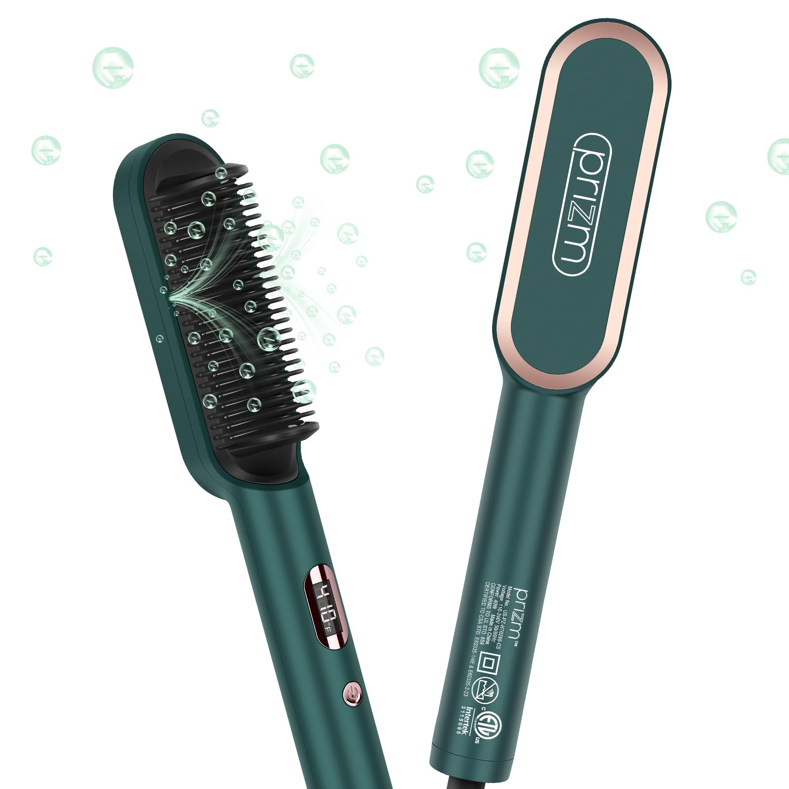 Prizm hair straightener brush shows heat distribution for smooth root-to-tip styling.