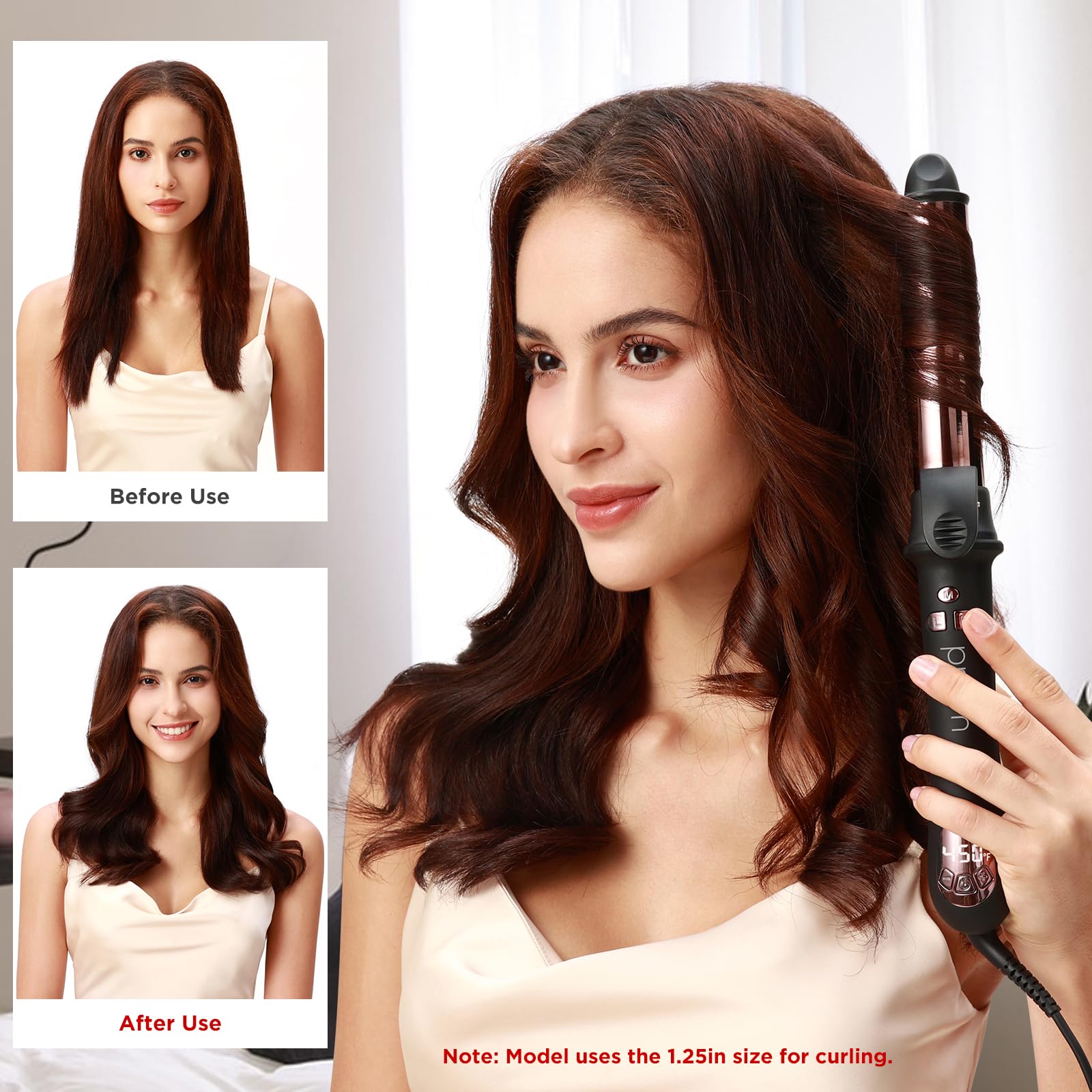 Prizm LCD display highlights precise heat settings for safe styling.