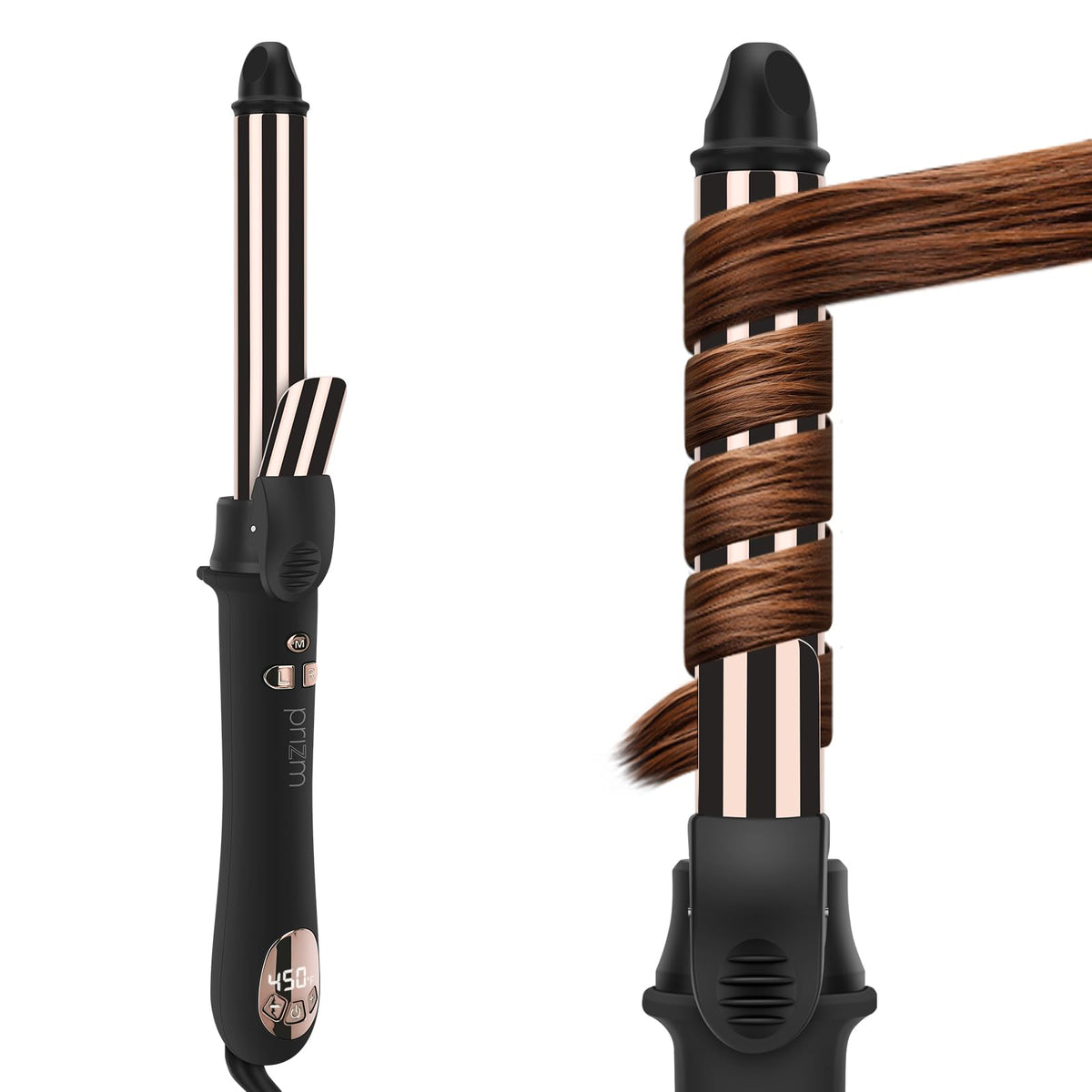 Prizm rotating curling iron barrel-1inch creates defined curls with a secure grip for medium-length hair.