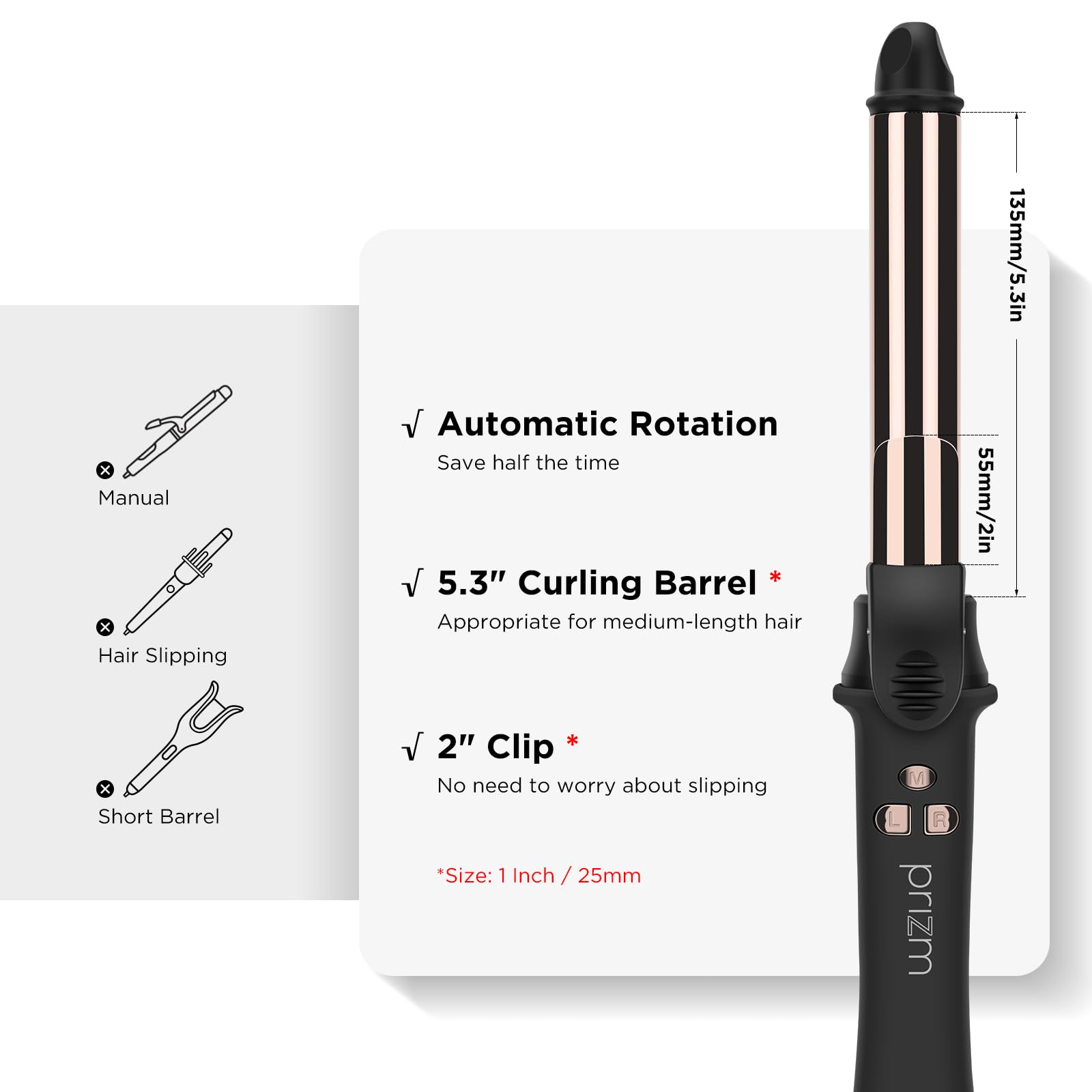 Prizm rotating curling iron dual-voltage adapts for travel worldwide.