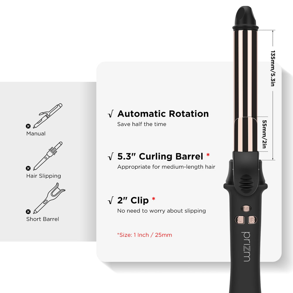 Prizm rotating curling iron dual-voltage adapts for travel worldwide.