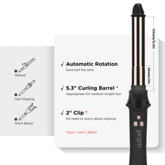 Prizm rotating curling iron dual-voltage adapts for travel worldwide.