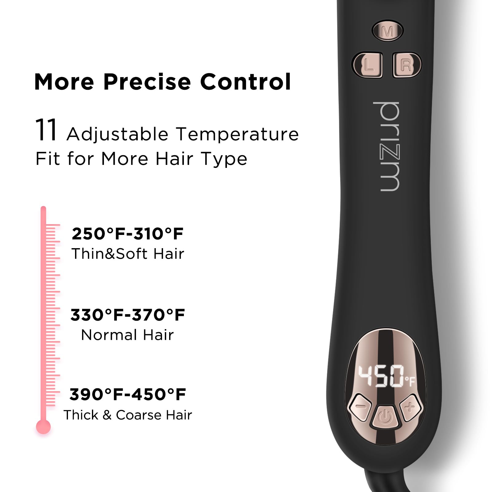 Prizm rotating curling iron extended clip keeps hair secure while styling.