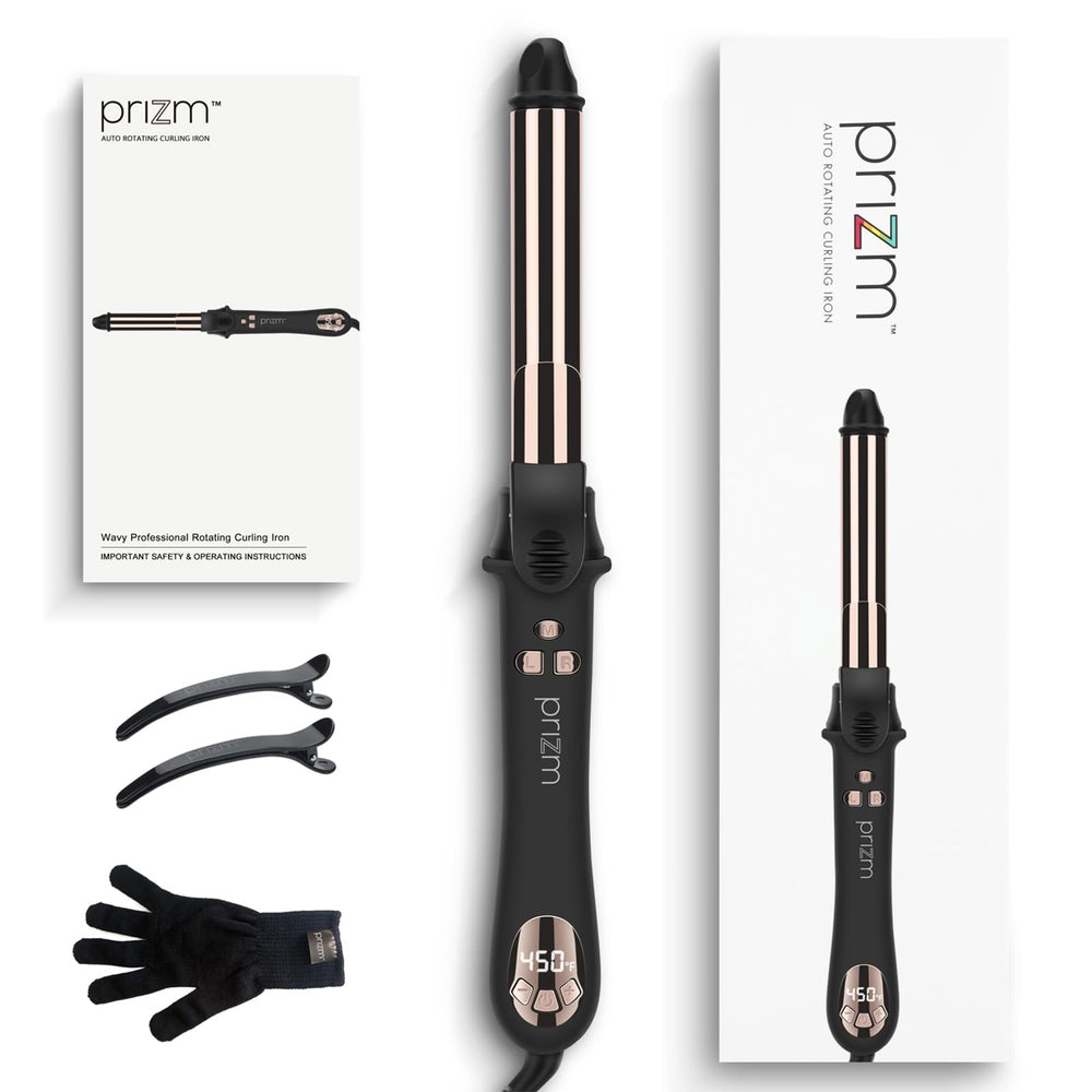 Prizm rotating curling iron heat-resistant glove included for extra protection.