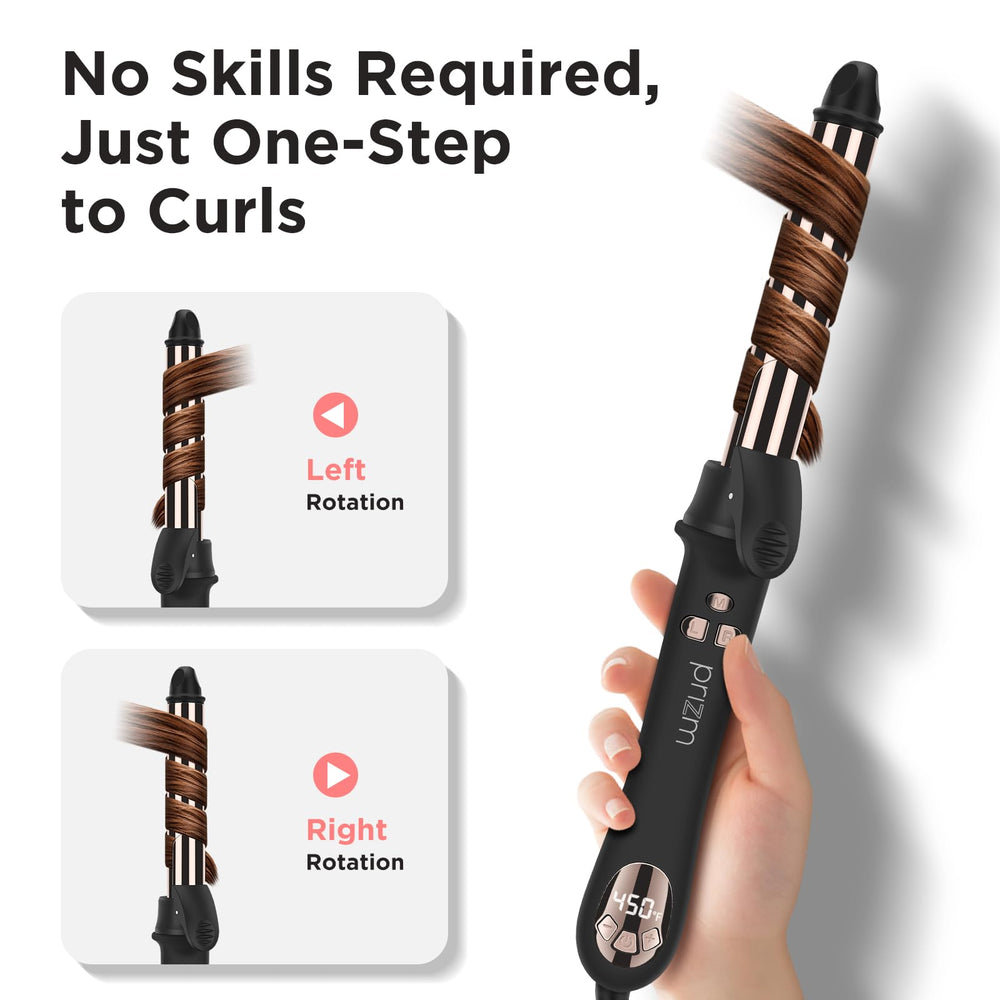 Prizm rotating curling iron LCD display shows precise heat for customized styling.