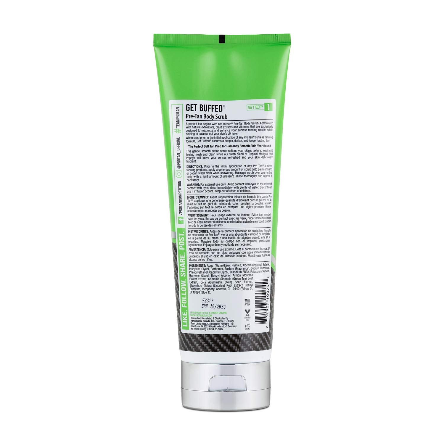 Pro Tan Get Buffed Scrub closeup texture highlighting creamy lather and tropical scent