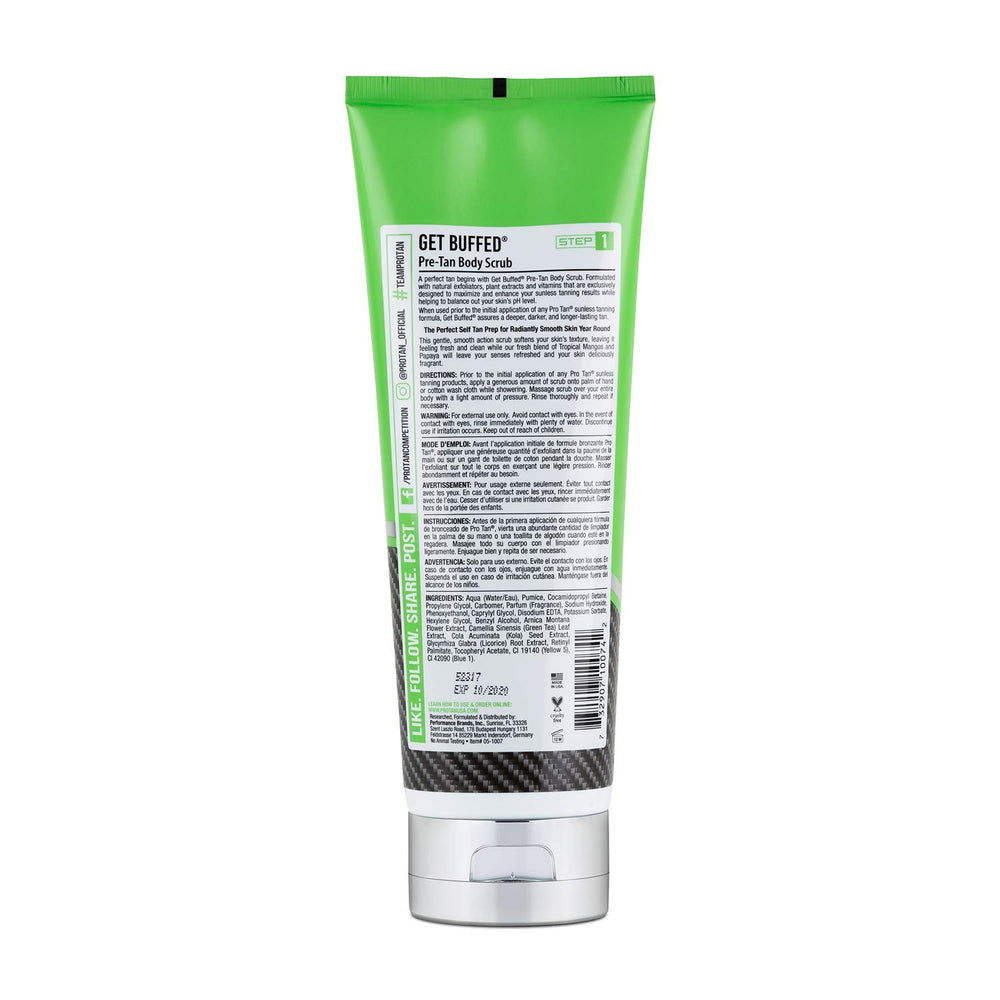 Pro Tan Get Buffed Scrub closeup texture highlighting creamy lather and tropical scent