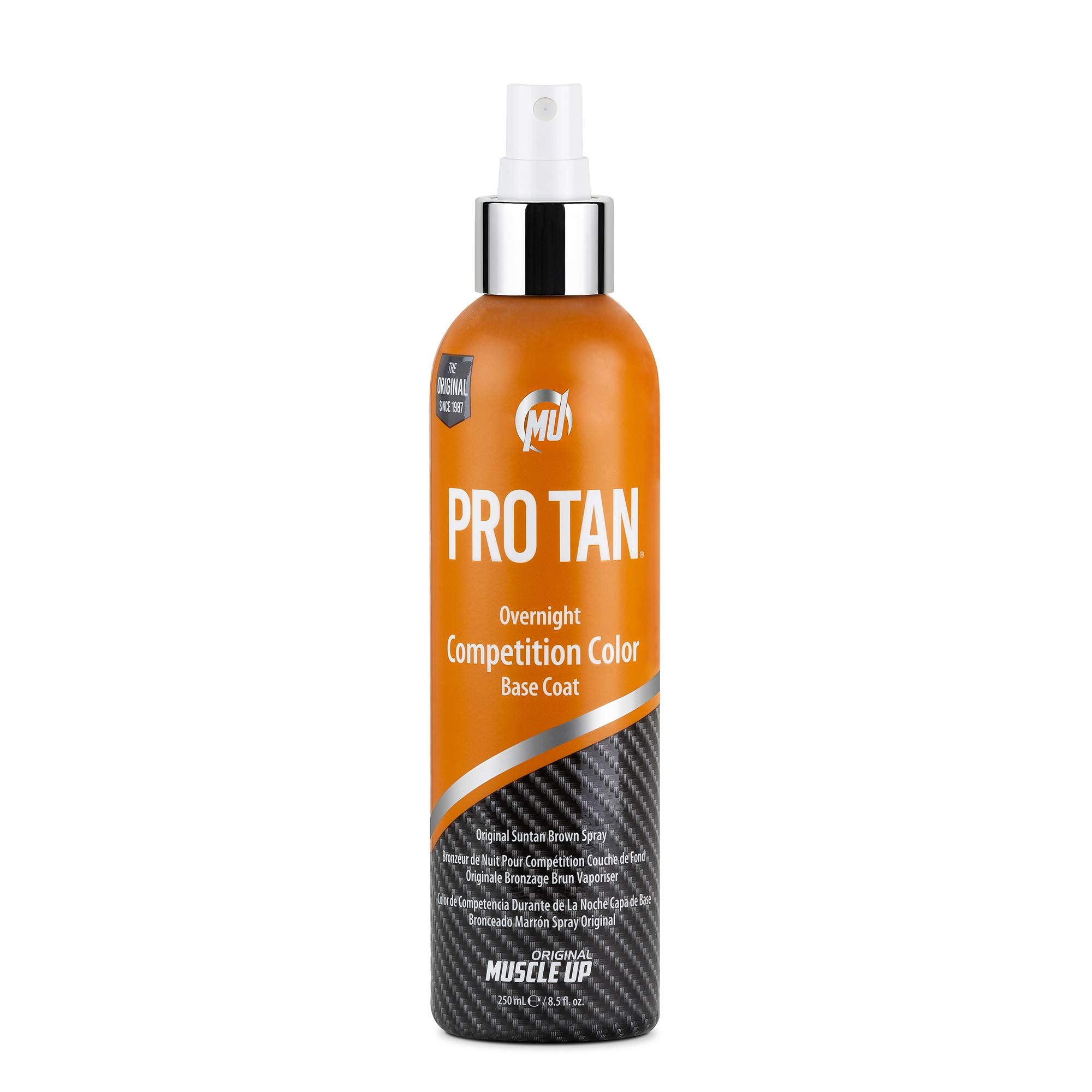 Pro Tan Overnight Competition Color bottle shows a streak-free, deep tan without sun exposure.