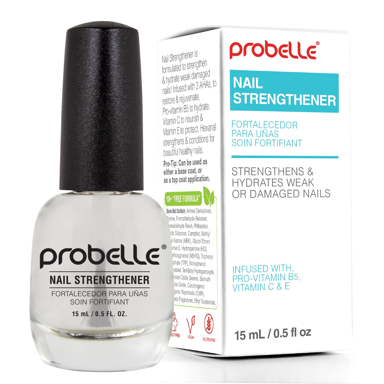 Probelle Nail Strengthener bottle shows clear gloss to boost nail strength