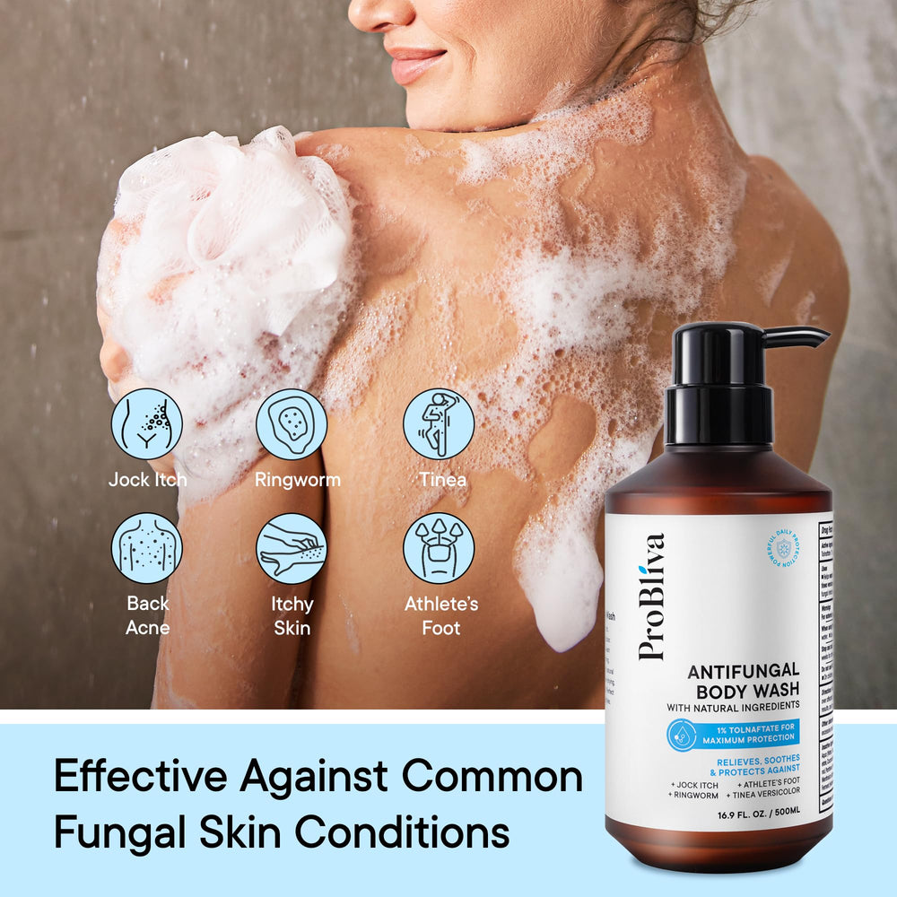 ProBliva Antifungal Body Wash witch hazel bottle highlighting cooling touch