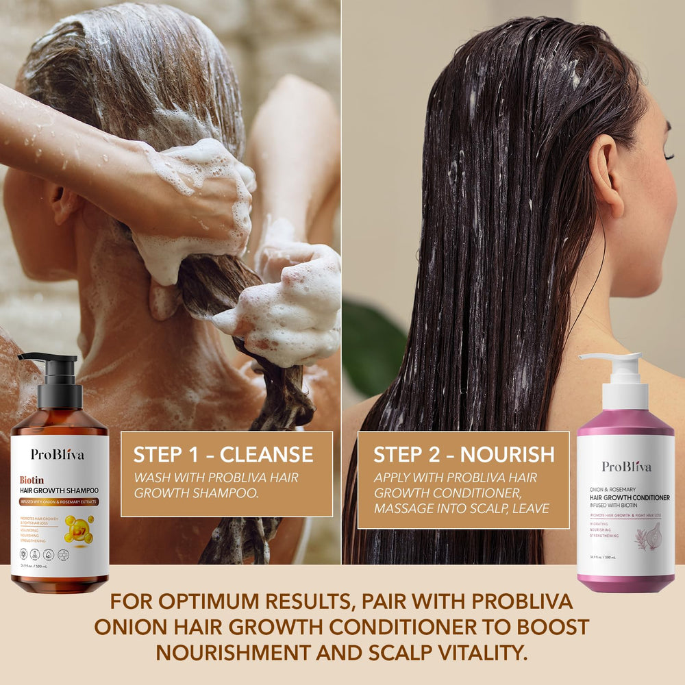 ProBliva Biotin Rosemary Shampoo pairing with ProBliva Conditioner for strengthened roots