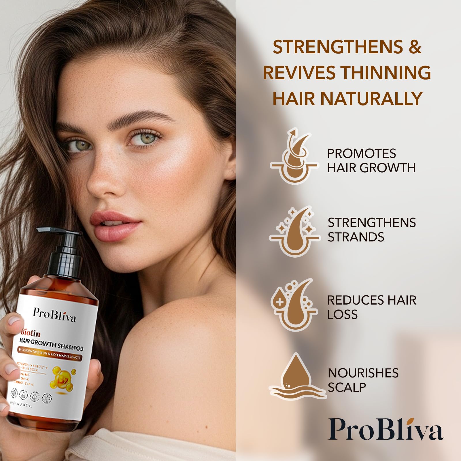 ProBliva Biotin Rosemary Shampoo lightweight-hydration close-up demonstrates non-greasy softness