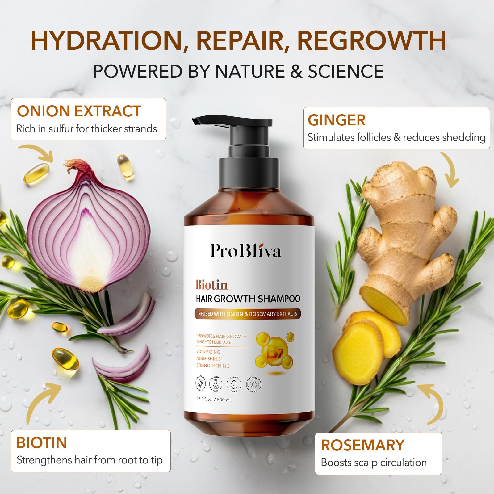 ProBliva Biotin Rosemary Shampoo scalp-care focus emphasizes balanced oils for calmer scalp
