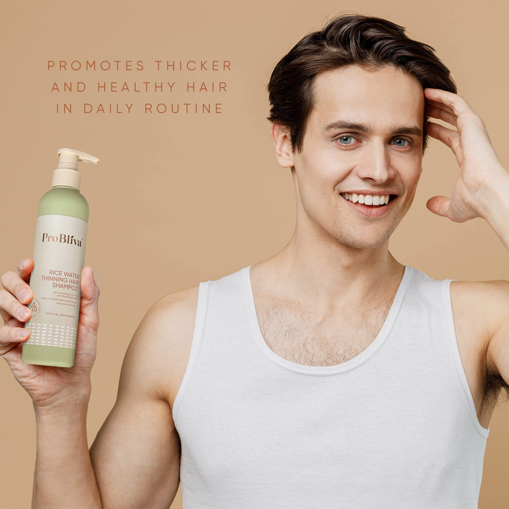 ProBliva Rice Water ingredients panel highlights biotin, caffeine, and natural oils for scalp care.