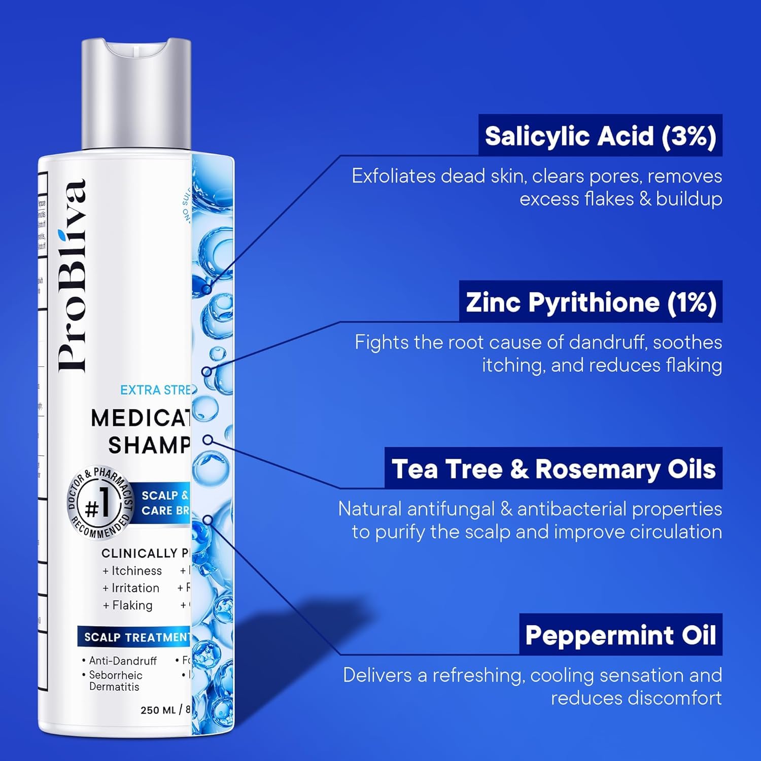 ProBliva medicated shampoo tea tree oil close-up conveys refreshing cleanse
