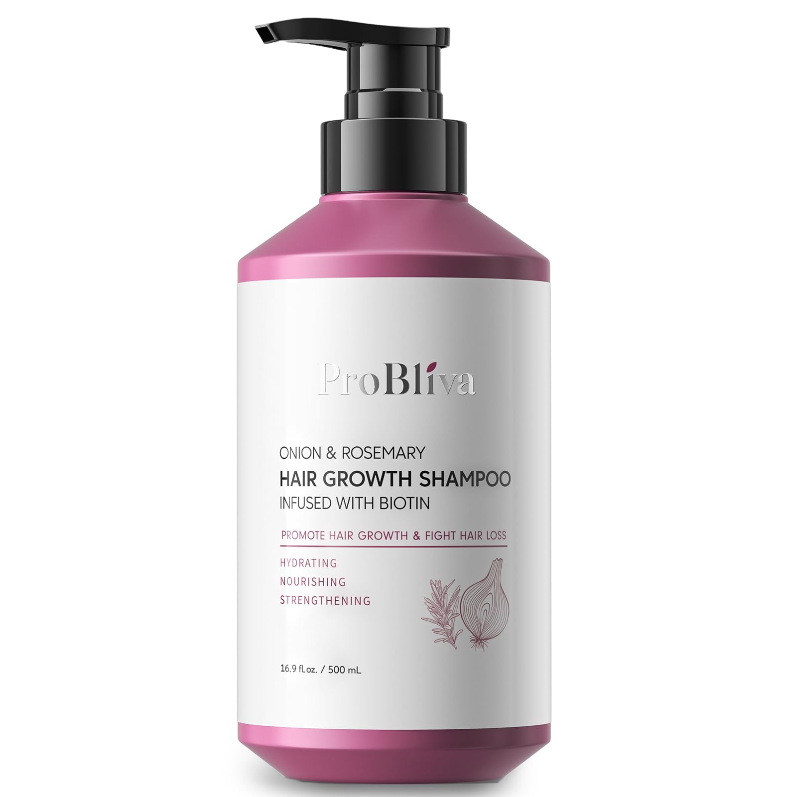 ProBliva onion-biotin shampoo bottle signaling natural hair-growth support for thicker hair