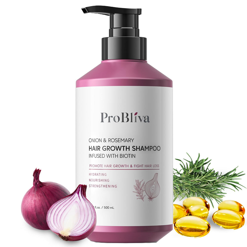 ProBliva onion-rosemary-shampoo label shows natural ingredients for healthy hair