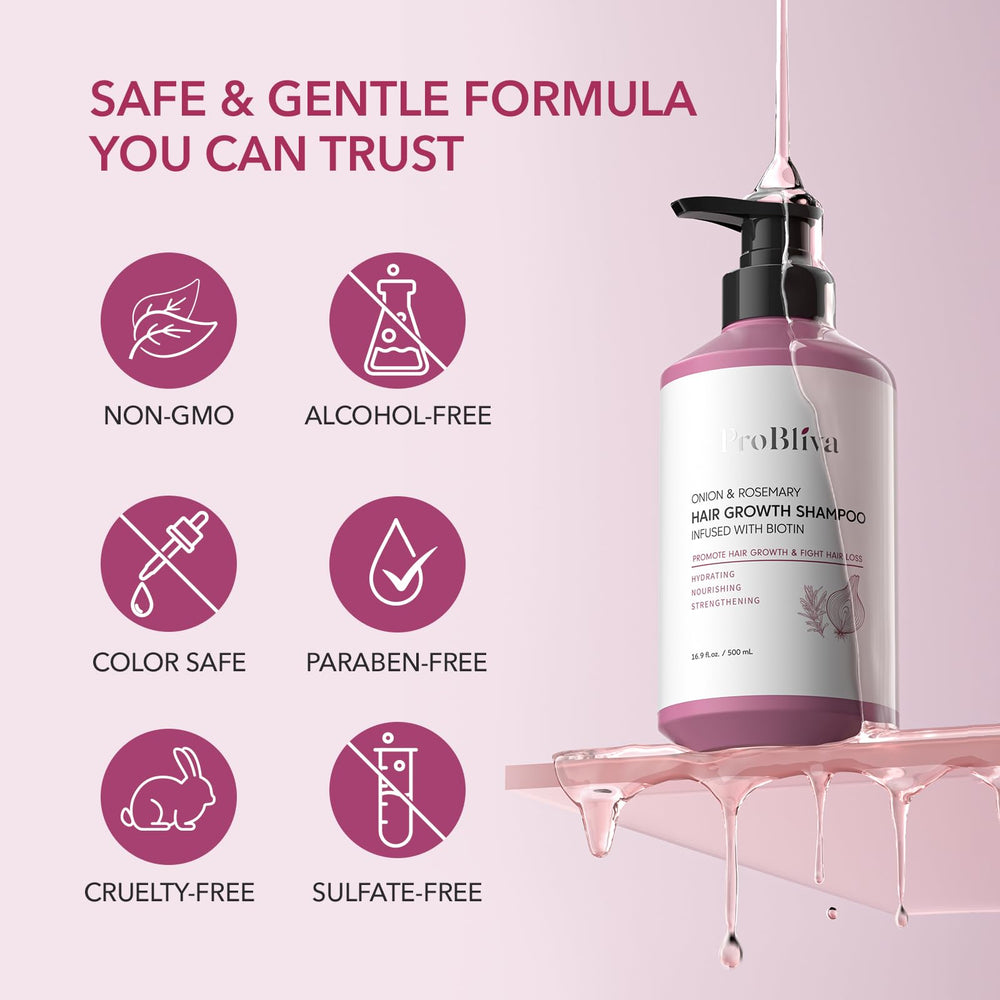 ProBliva onion-rosemary-shampoo packaging display highlights value