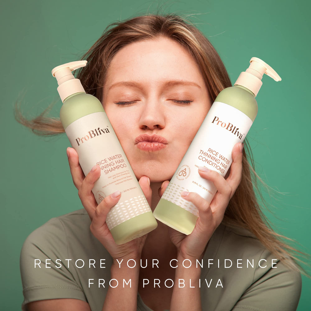 ProBliva Rice Water Conditioner bottle promotes smoother, thicker hair with shine and manageability.