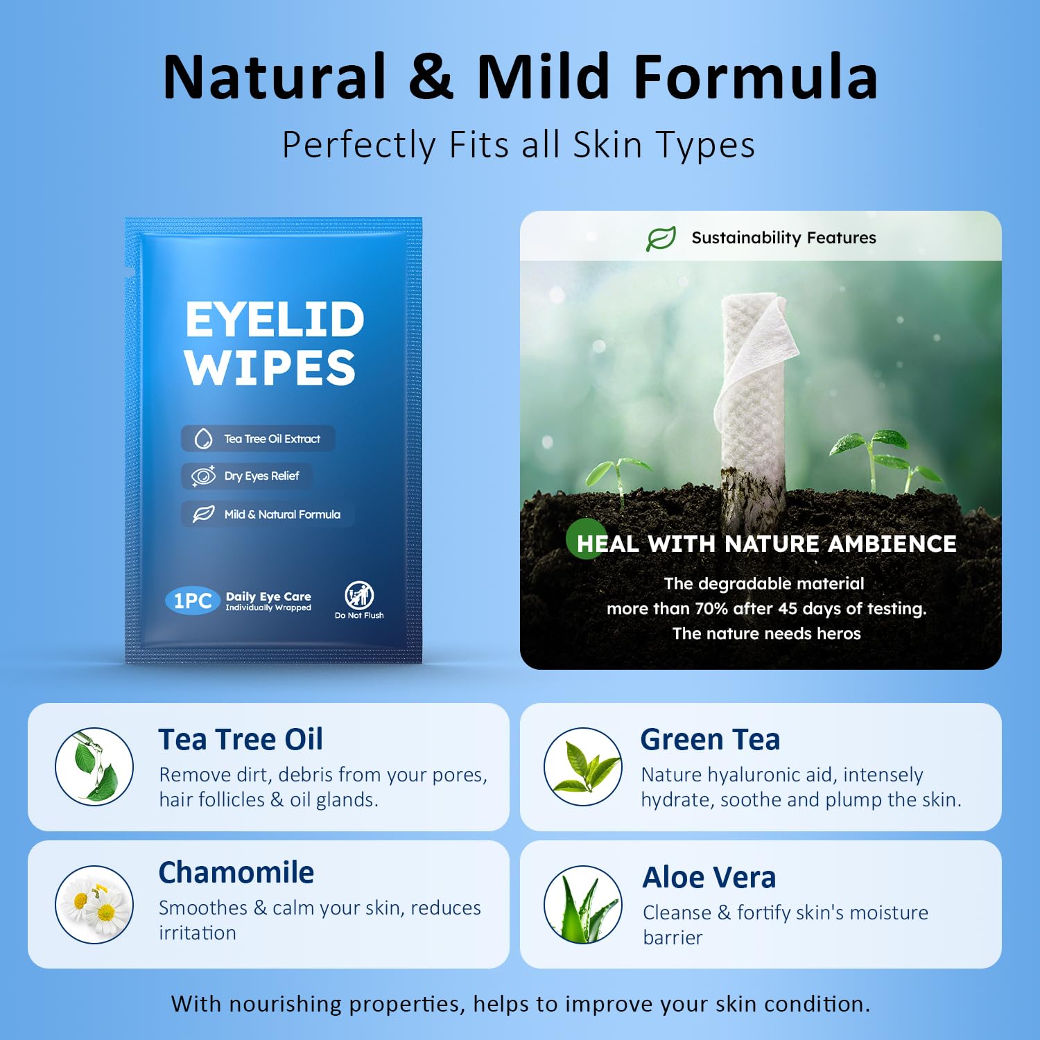 ProCIV eyelid wipes with tea tree and aloe provide soothing eye cleansing.