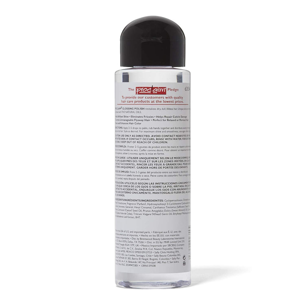 Proclaim Glossing Polish application shows Aloe and oils for nourished, manageable hair
