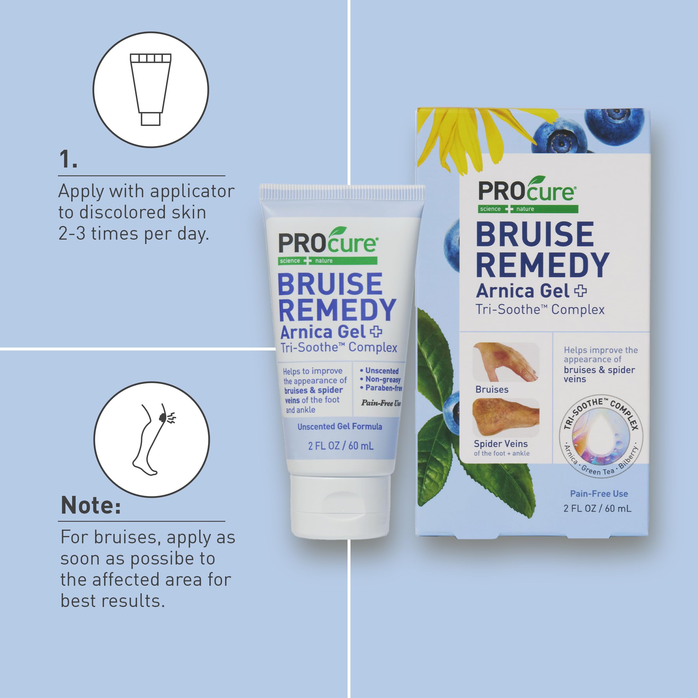 Olive oil-based PROcure Bruise Remedy Gel glides smoothly on skin after bumps