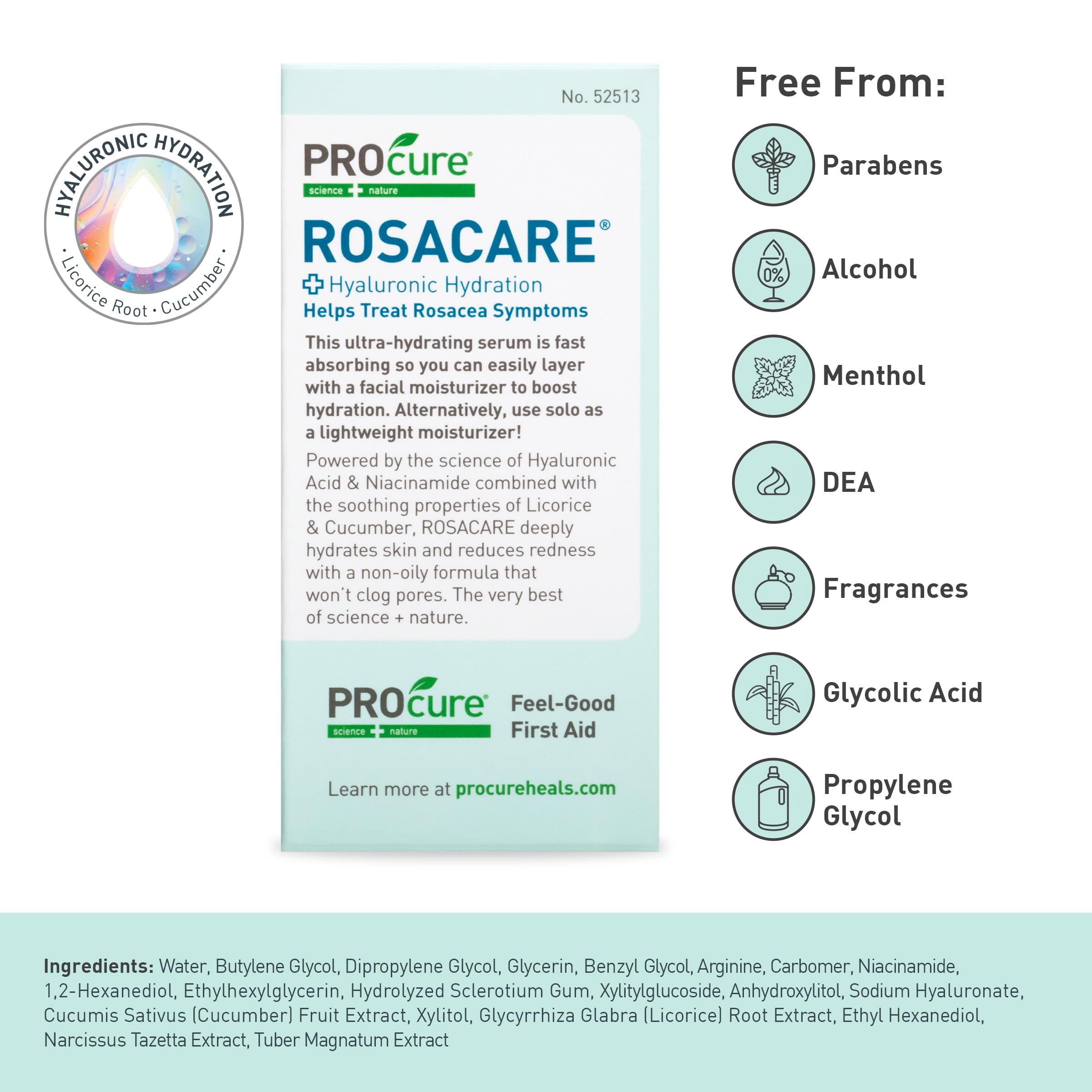 PROcure Rosacare Serum free-from-list label highlights paraben-free, fragrance-free benefits