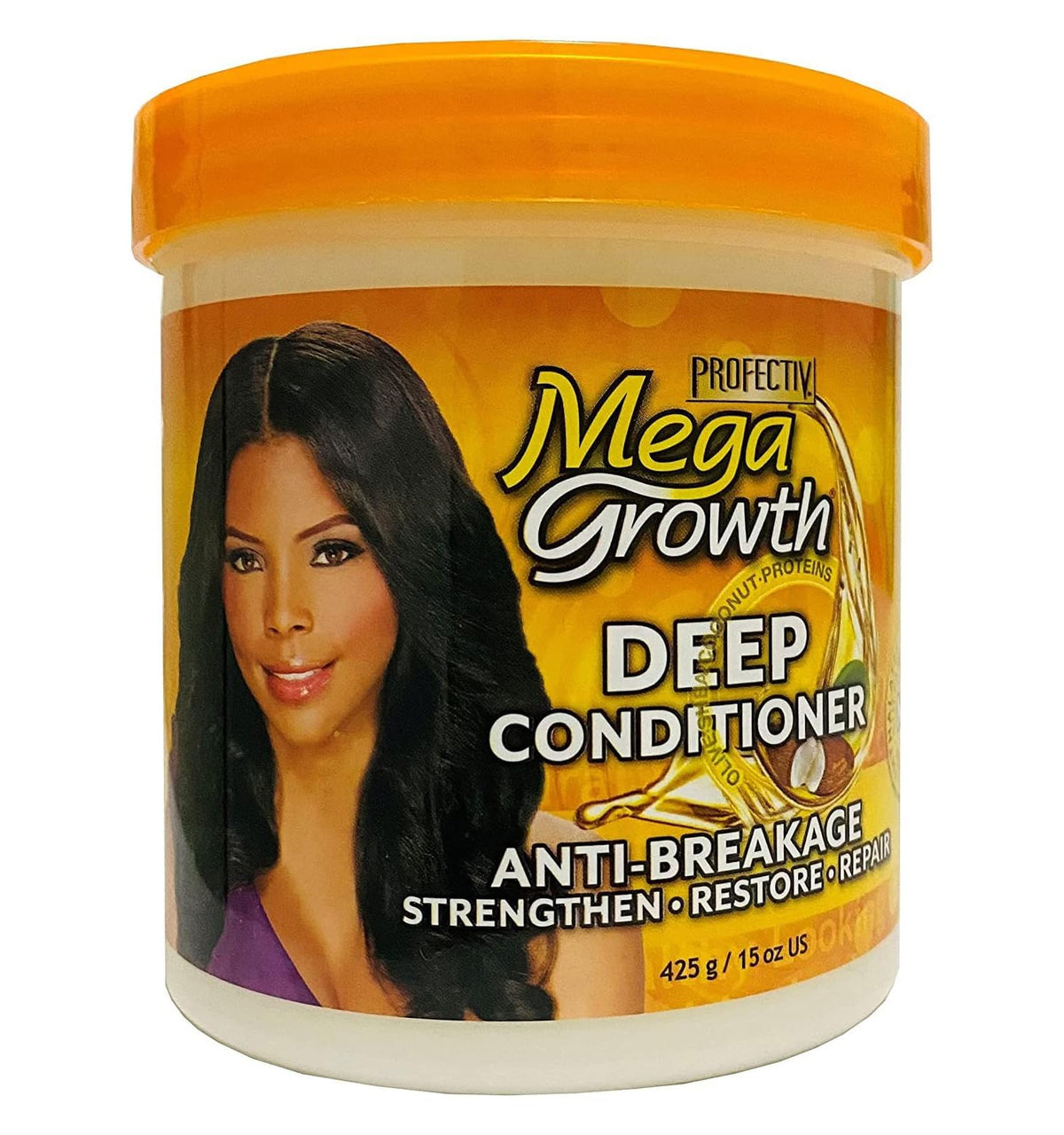 Profectiv Mega Growth Deep Conditioner bottle demonstrates strengthening treatment for damaged hair