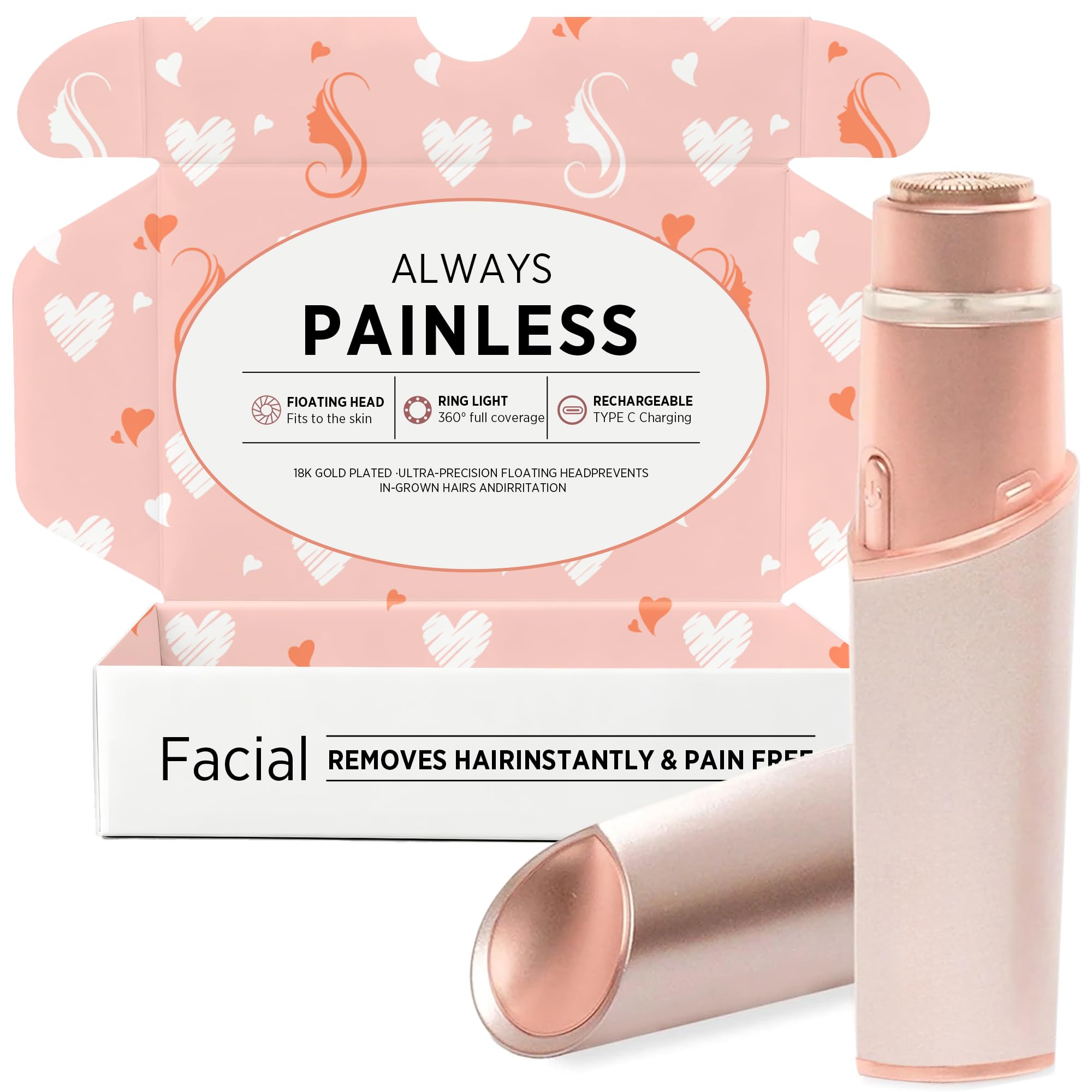 Profeir face hair removal device in rose gold for painless peach fuzz removal.