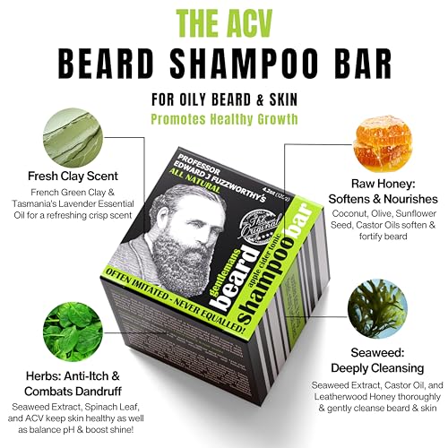 Professor Fuzzworthy's beard shampoo bar ingredients closeup highlights Tasmanian ACV.