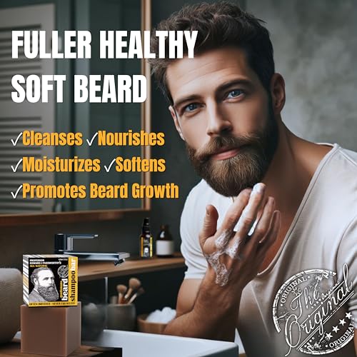 Professor Fuzzworthy's beard shampoo bar packaging shows eco-friendly design and natural ingredients.