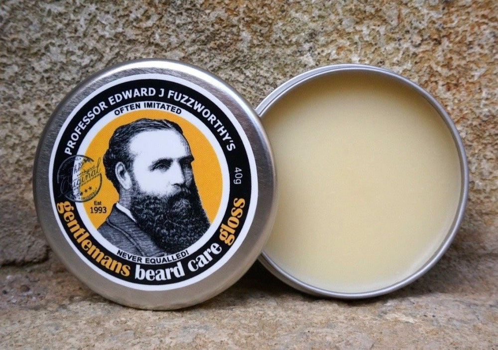 Professor Fuzzworthy's beard balm gloss packaging image highlights Tasmanian craftsmanship and travel-friendly size.