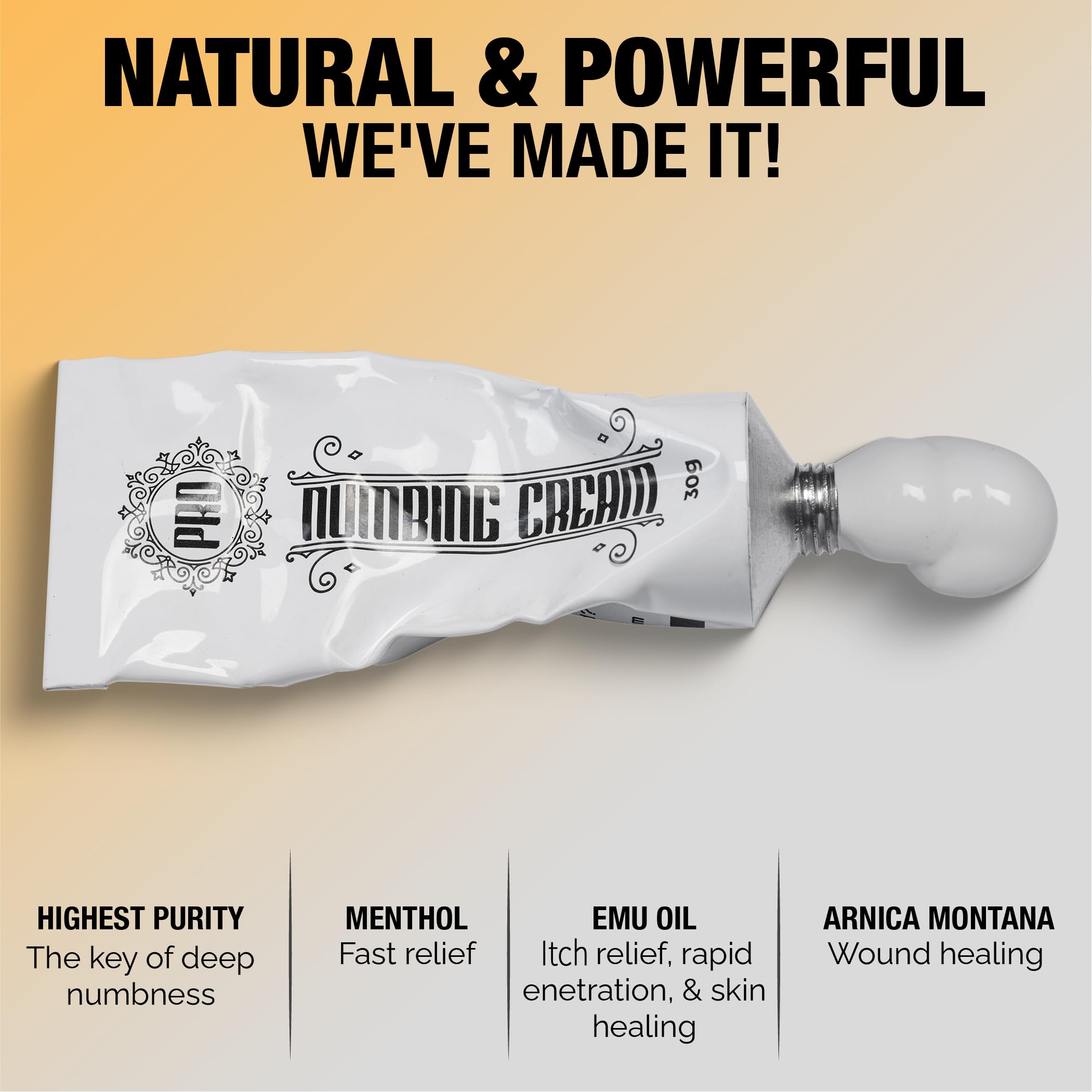 Proinnate Numbing Cream fast-acting tube illustrates quick relief in minutes.