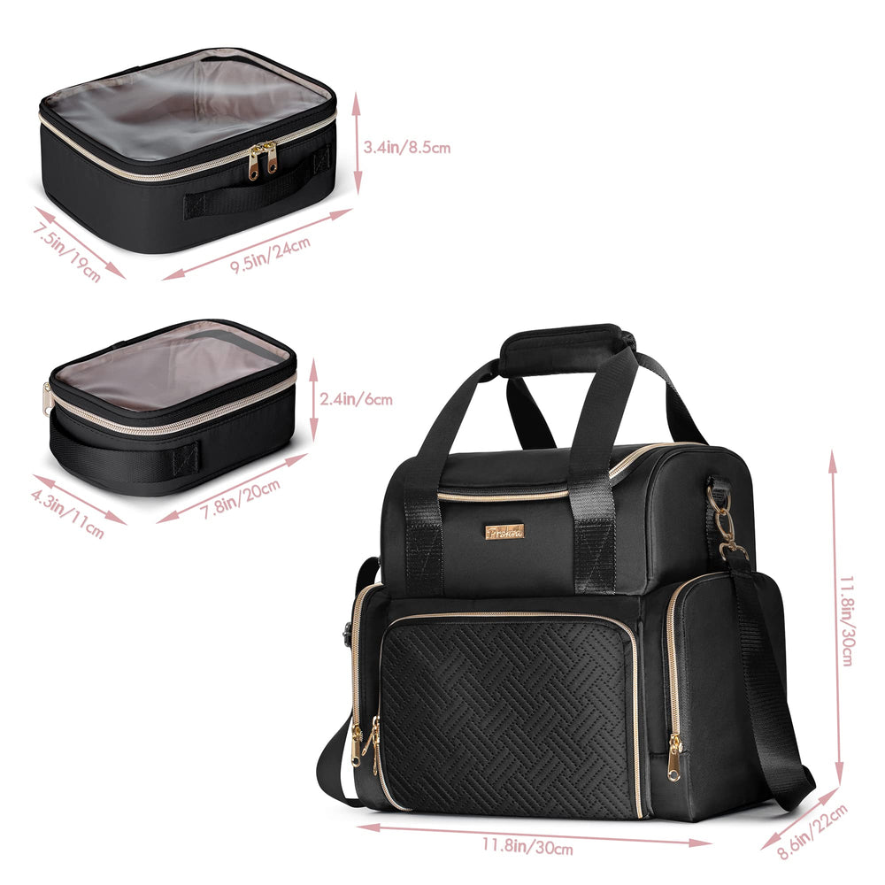 Prokva large cosmetic bag bottom compartments separate cosmetics for easy access.