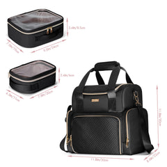 Prokva large cosmetic bag bottom compartments separate cosmetics for easy access.