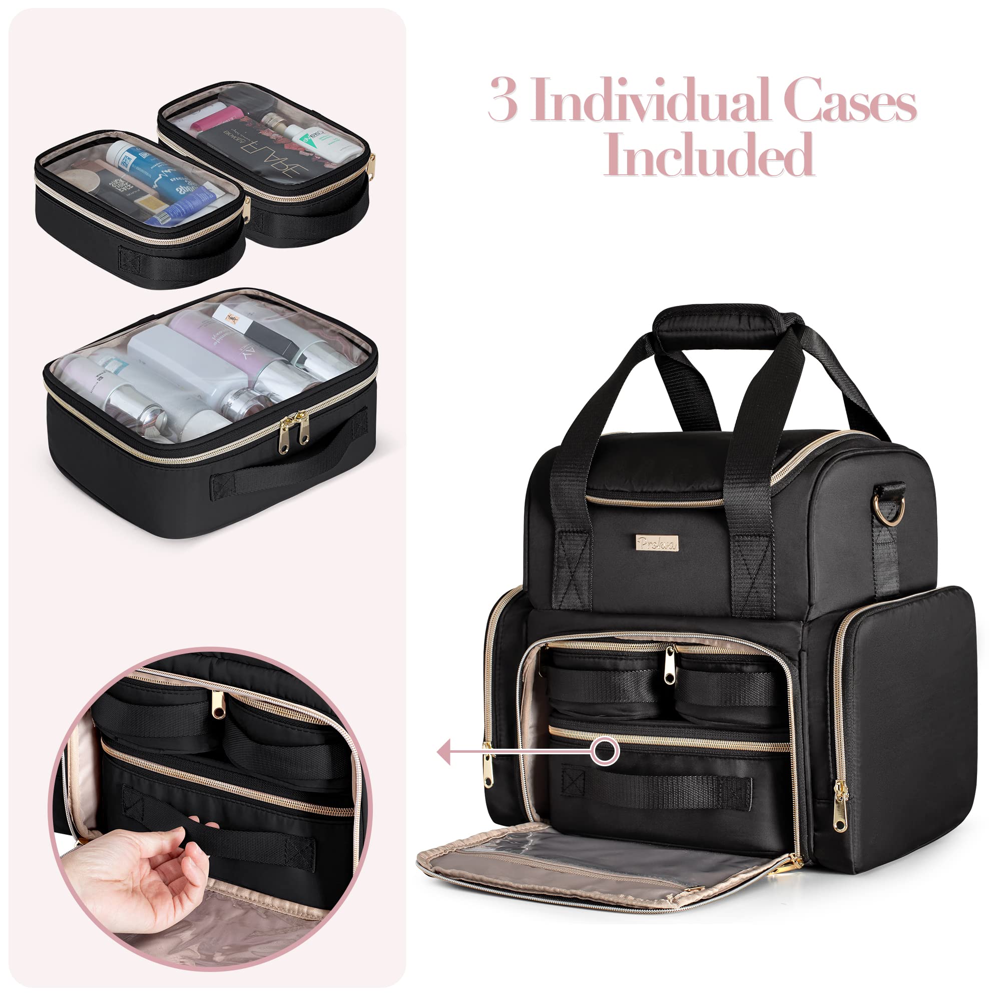 Prokva large cosmetic bag three removable cases help classify makeup efficiently.