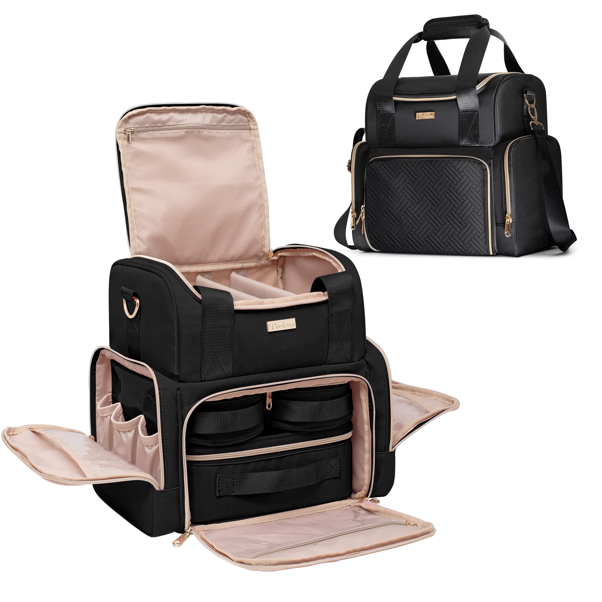 Prokva large cosmetic bag top compartment keeps items neatly organized for travel.