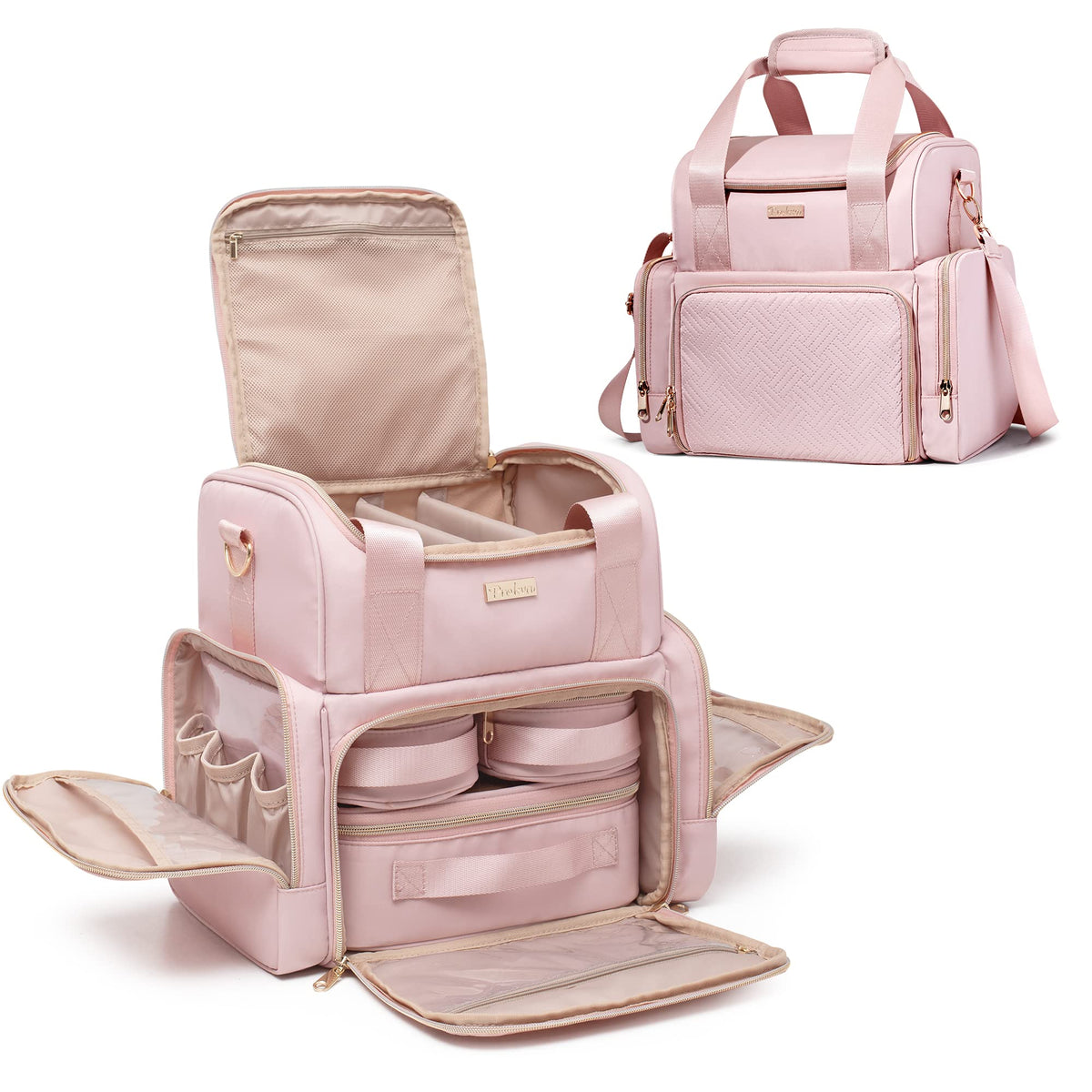 Prokva large makeup bag pink front view shows spacious interior for easy organization.