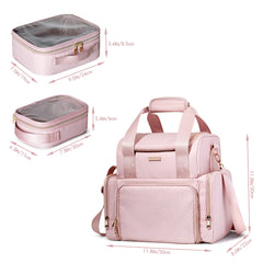 Prokva large makeup bag pink top compartment open highlighting detachable dividers.