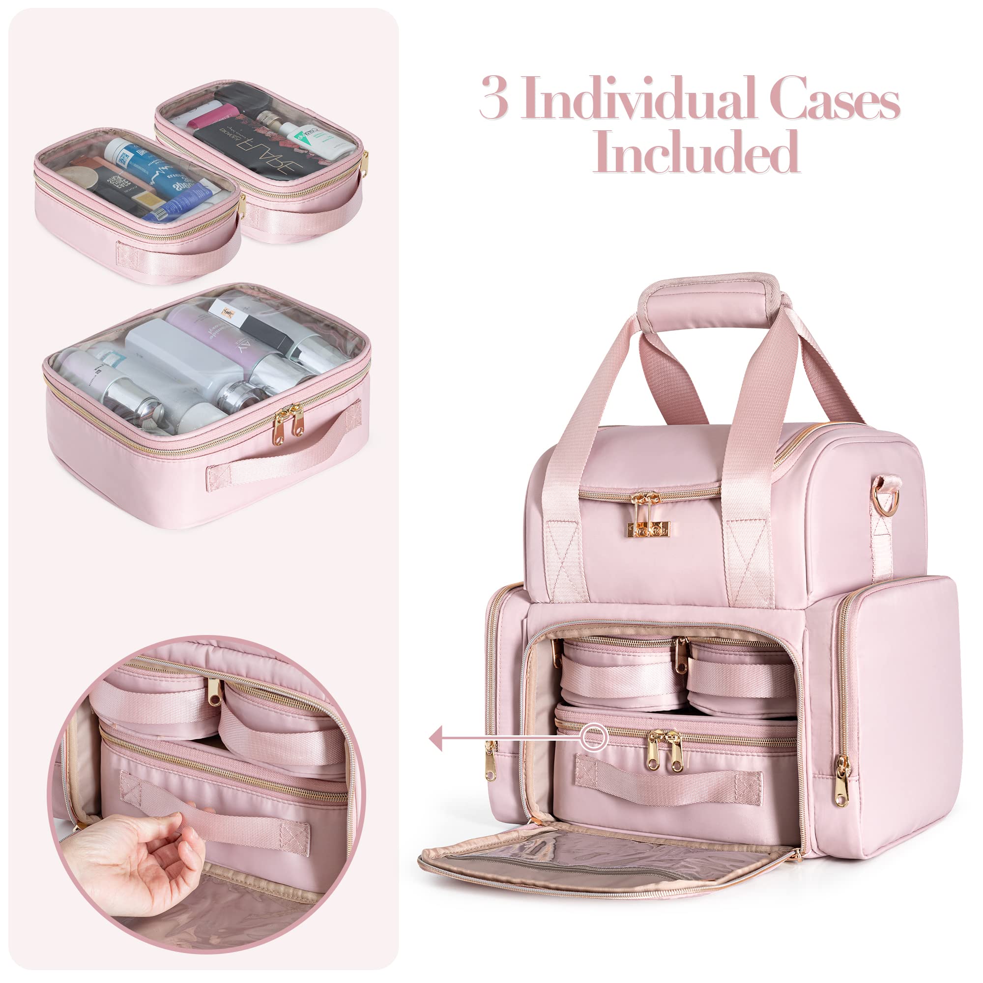 Prokva makeup bag 3 removable cases bottom compartment with clear windows for quick finds.