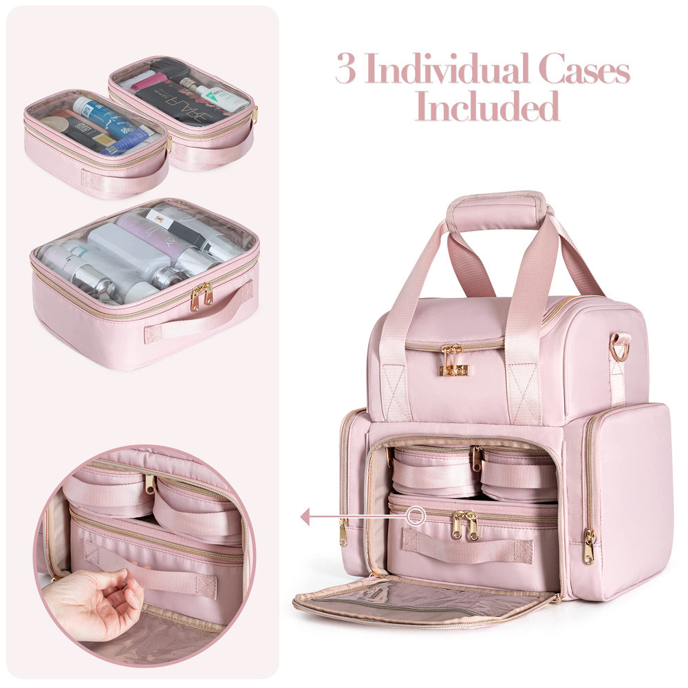 Prokva makeup bag 3 removable cases bottom compartment with clear windows for quick finds.