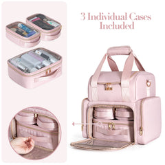 Prokva makeup bag 3 removable cases bottom compartment with clear windows for quick finds.